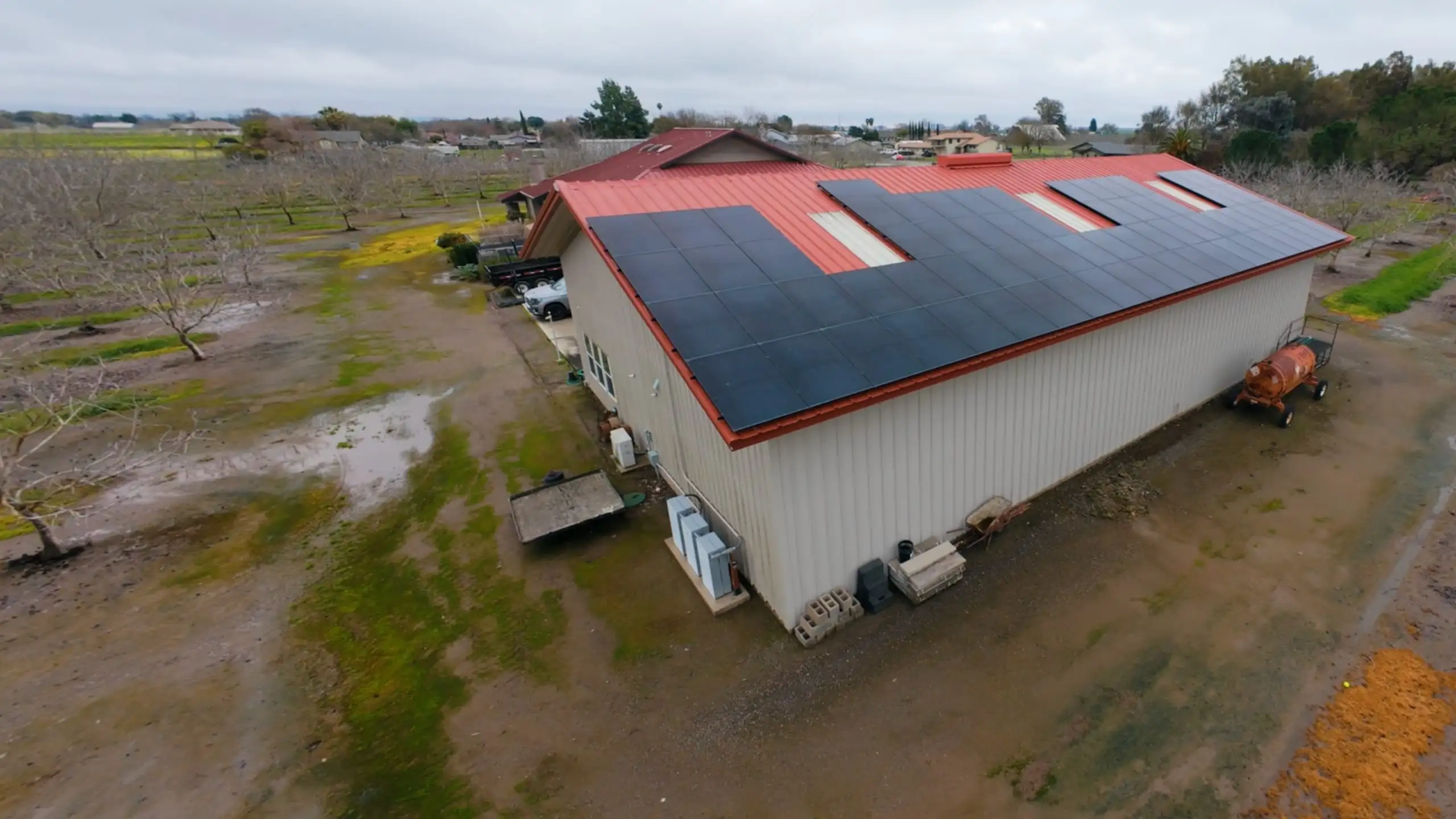A completed Westhaven solar and battery installation on a Northern California ranch property, seen from above.