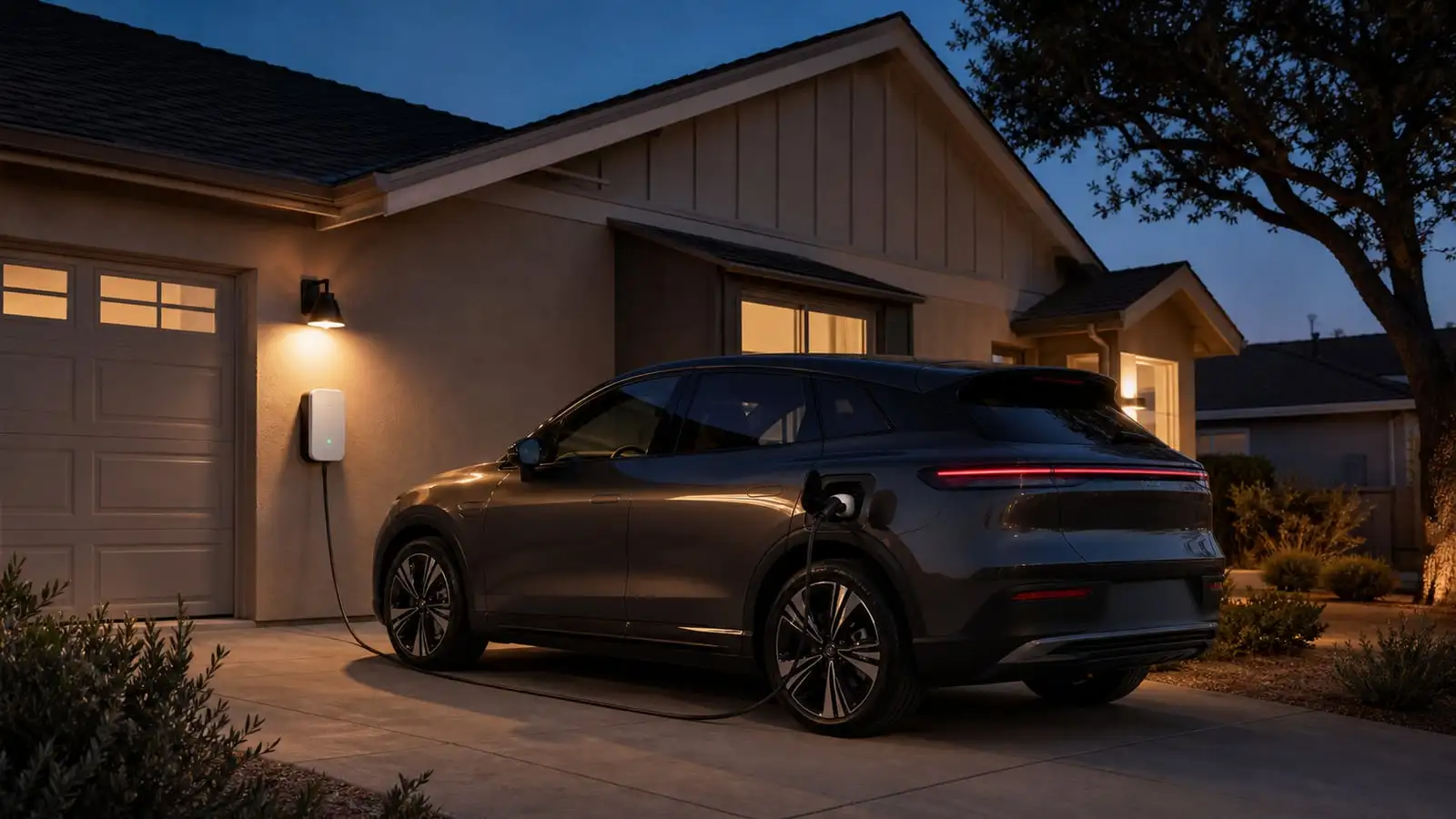 An electric SUV charging from a wall-mounted charger in a home driveway at dusk.