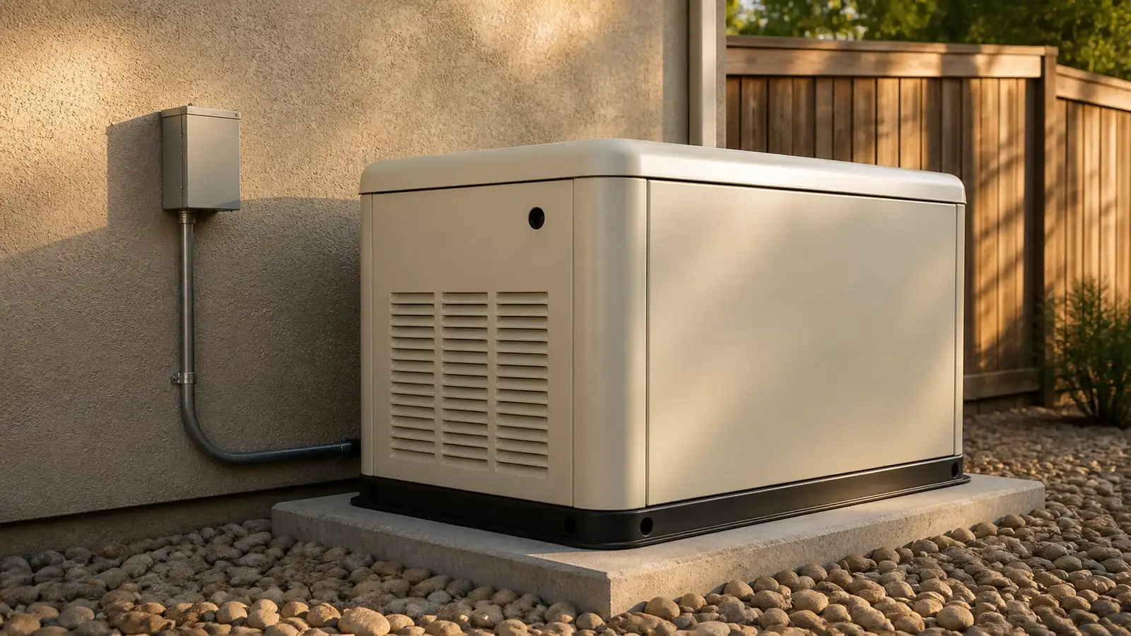 A home standby generator beside a house exterior.