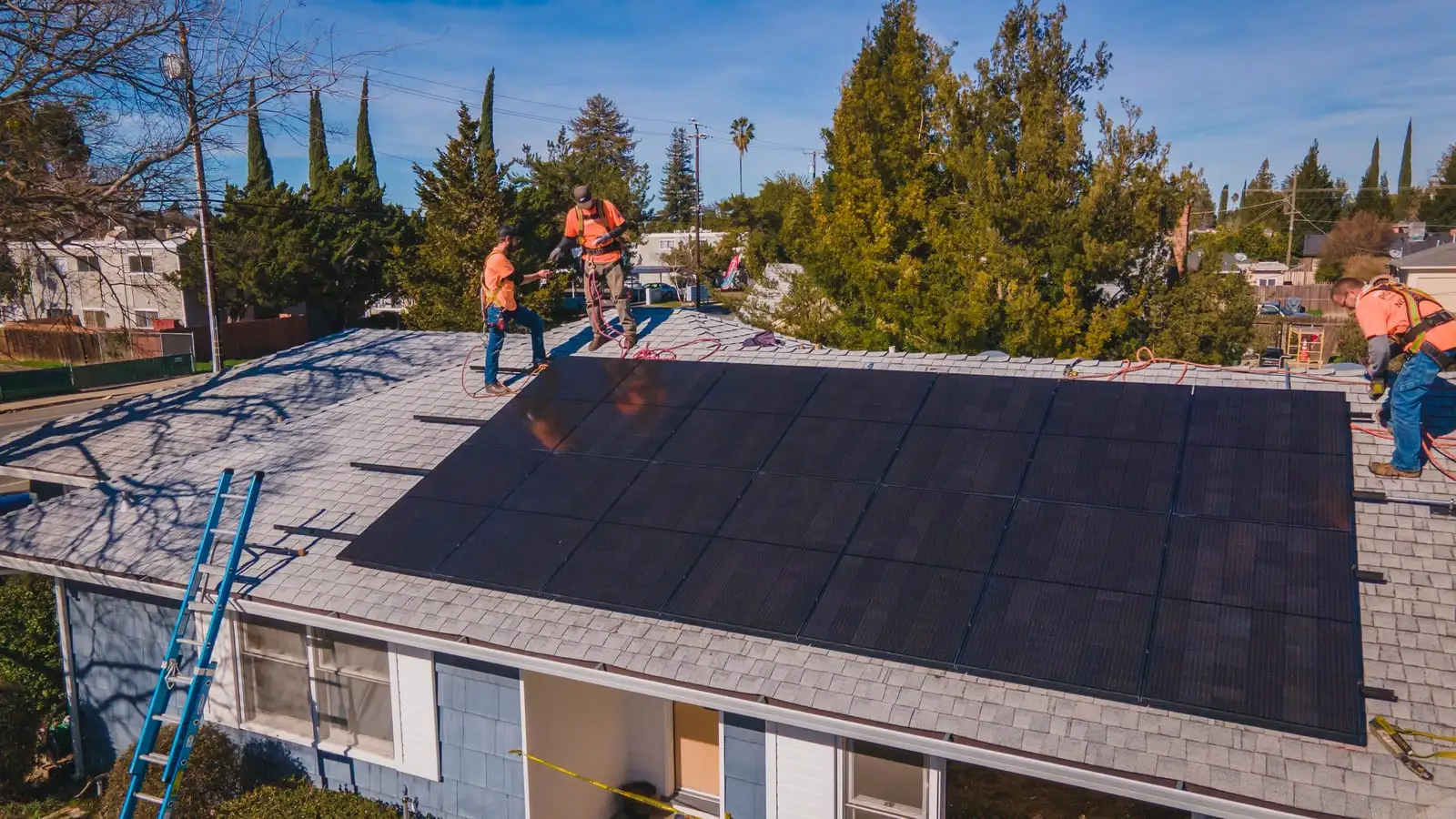A finished black solar array on a Nor-Cal roof, with the Westhaven crew wrapping up.