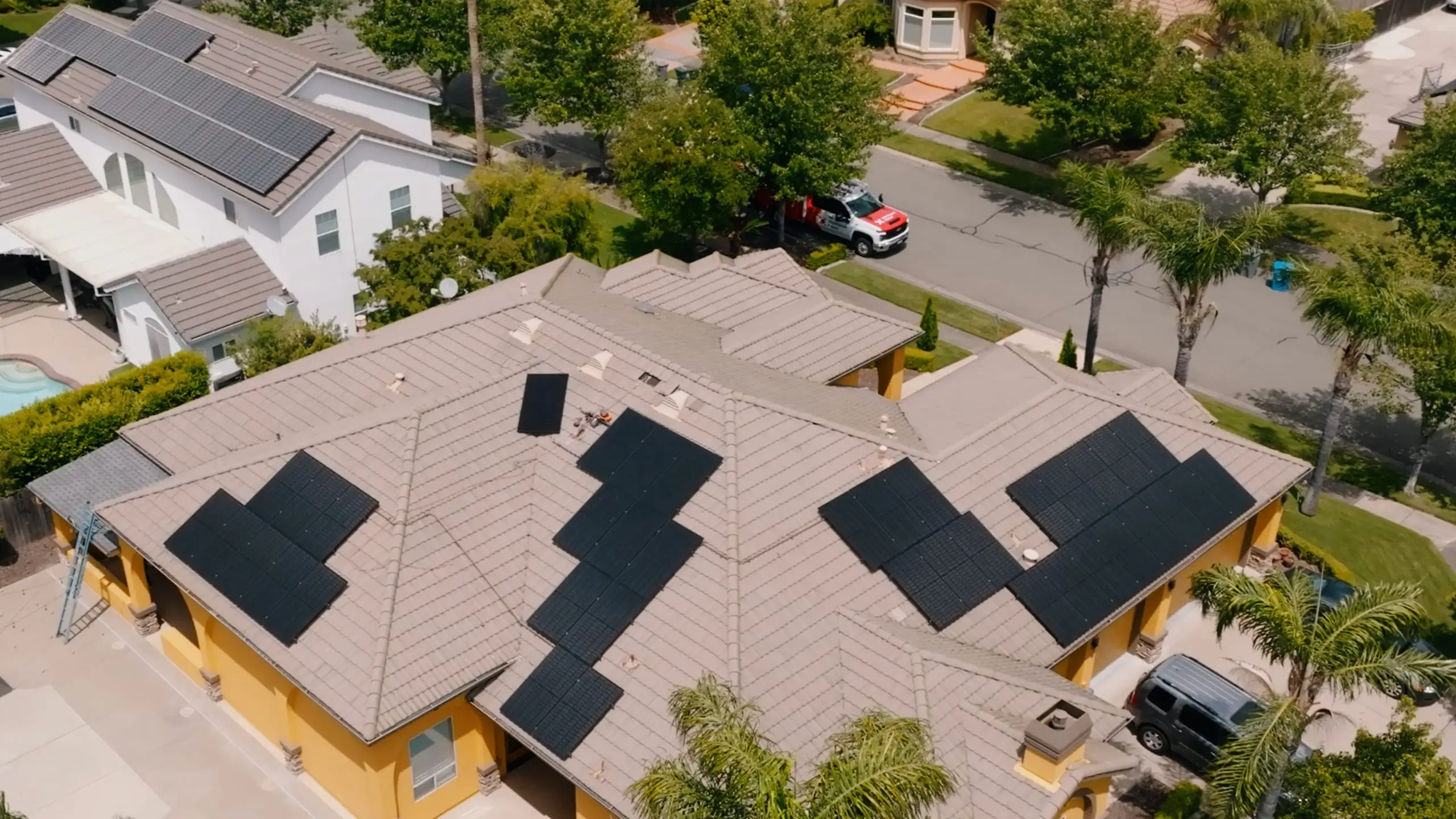 A completed Westhaven solar installation on a Northern California home, seen from above.