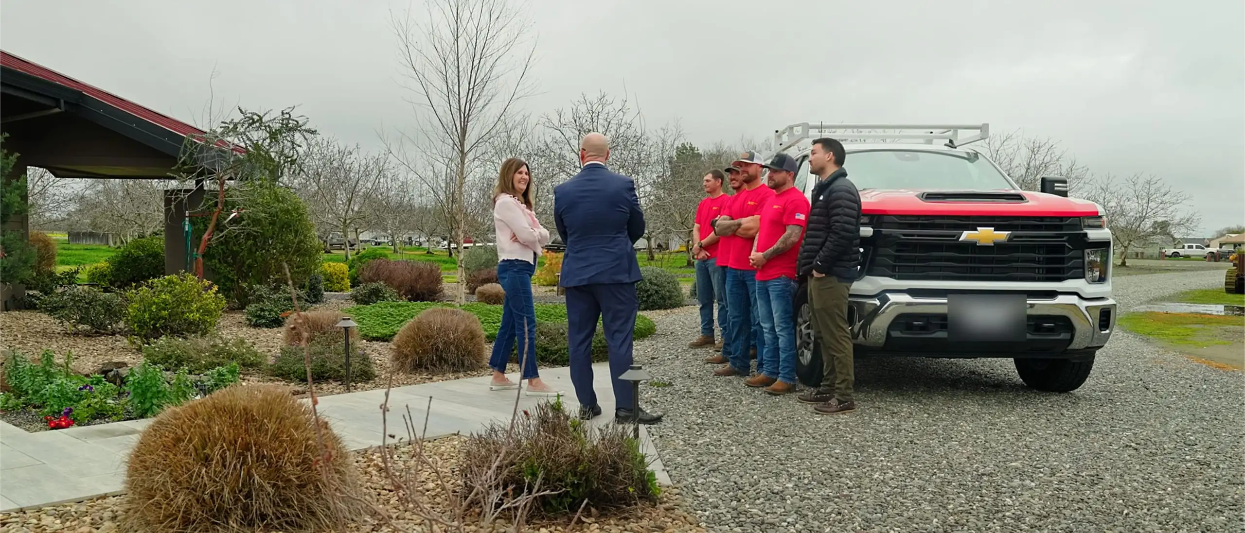 A Westhaven customer with founder Brett Joerger and the installation crew at her Northern California home.