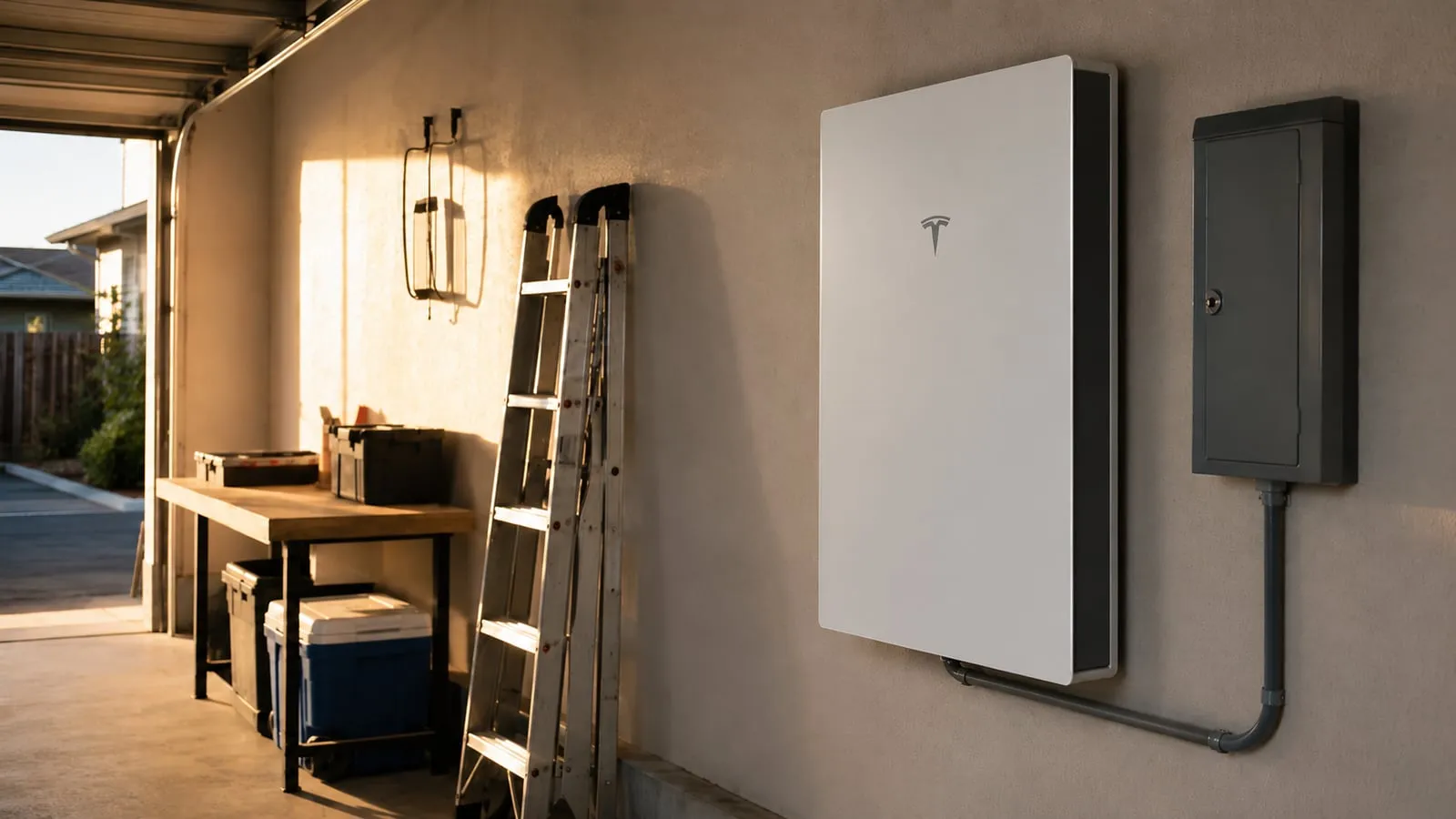 A wall-mounted home battery in a garage.