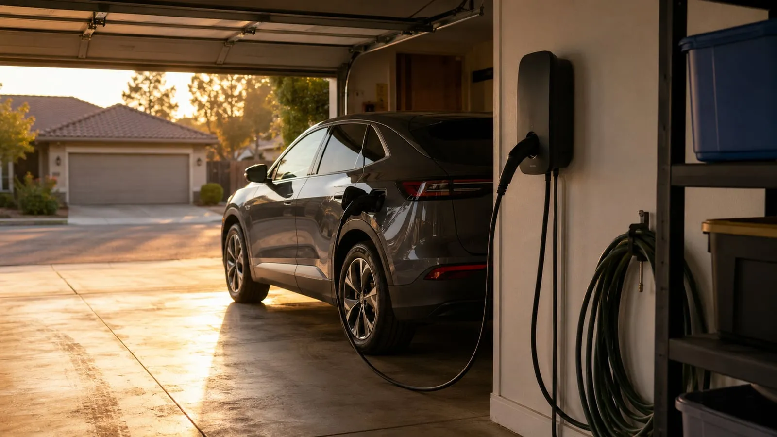 A wall-mounted EV charger plugged into an electric SUV in a home garage.
