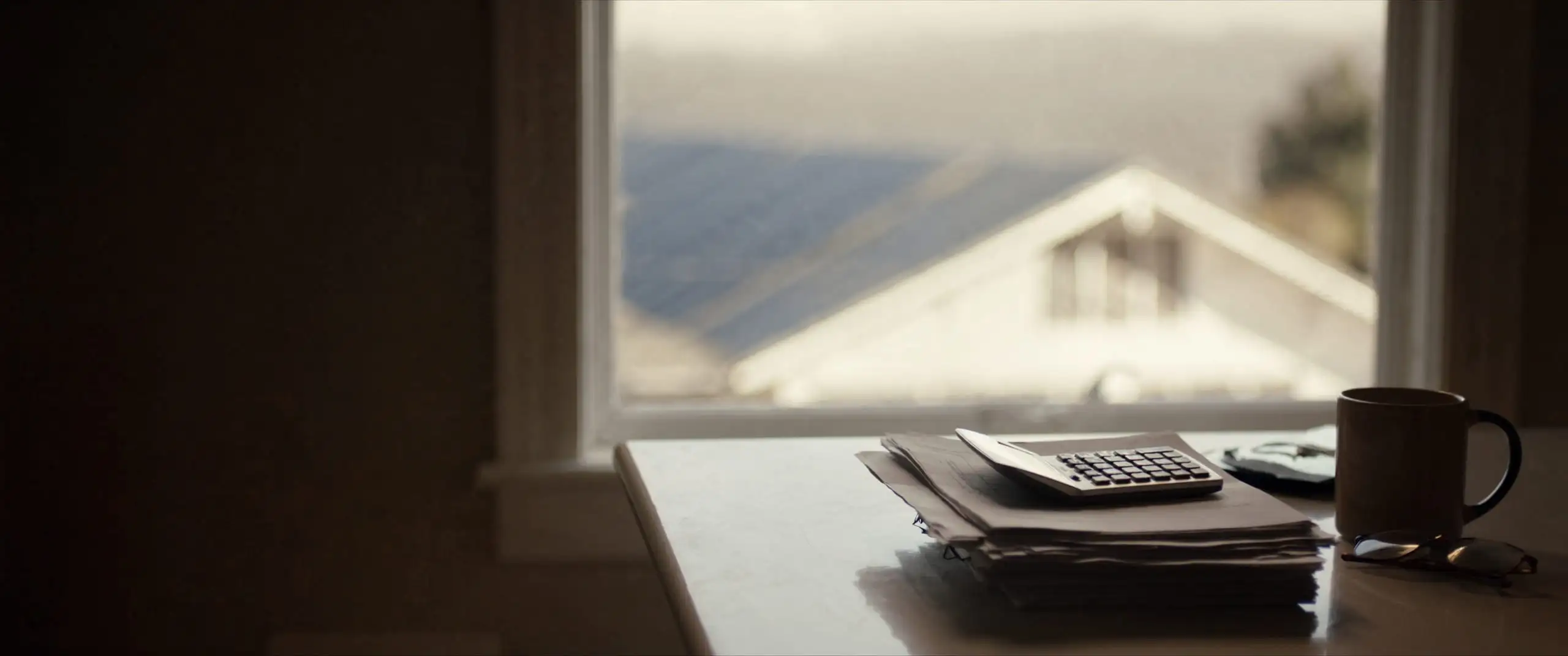 A kitchen table with a calculator and paperwork in morning light, a solar roof visible through the window.